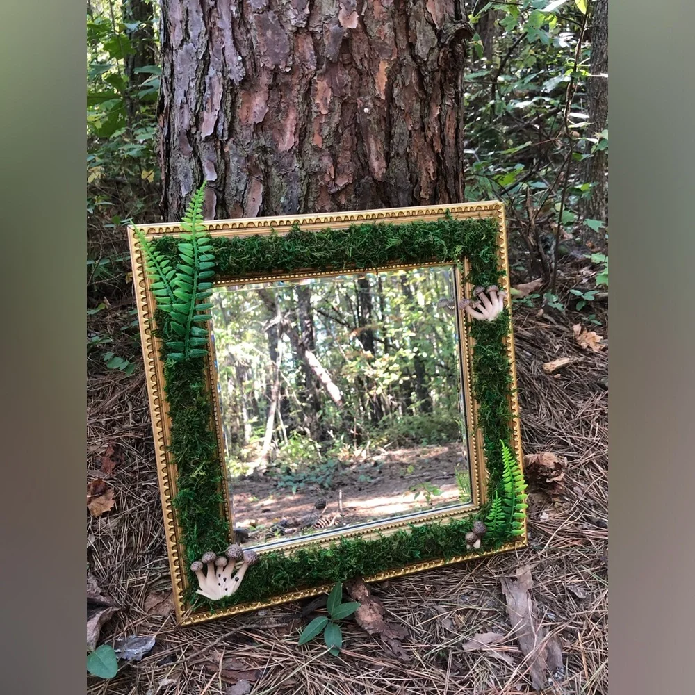 Square vintage fairy moss mushroom mirror